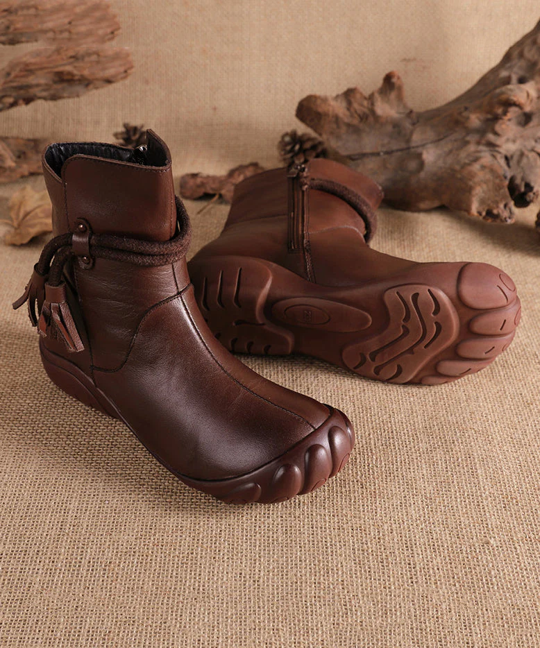 Cowhide Black Retro Comfortable Leather Boots Tassel Splicing - Image 4