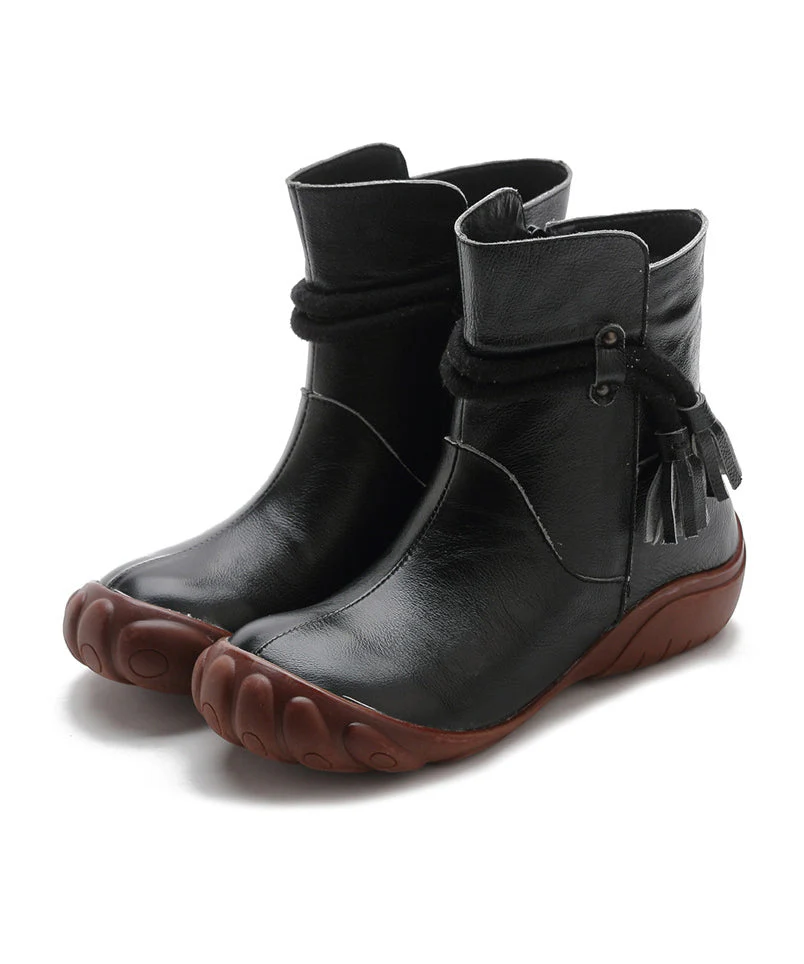 Cowhide Black Retro Comfortable Leather Boots Tassel Splicing - Image 5