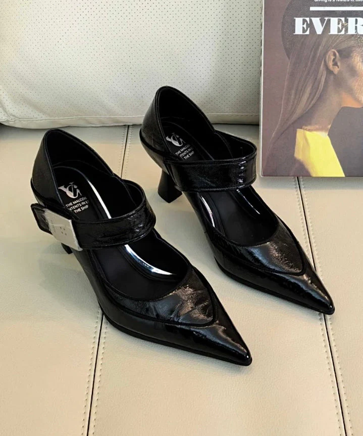 Cowhide Blue Stylish Leather Splicing Grey Pointed Toe High Heels - Image 2