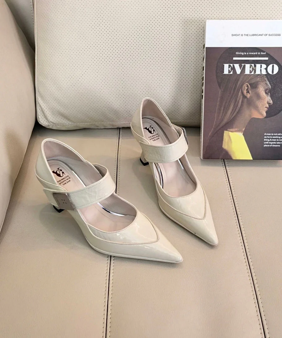 Cowhide Blue Stylish Leather Splicing Grey Pointed Toe High Heels - Image 3
