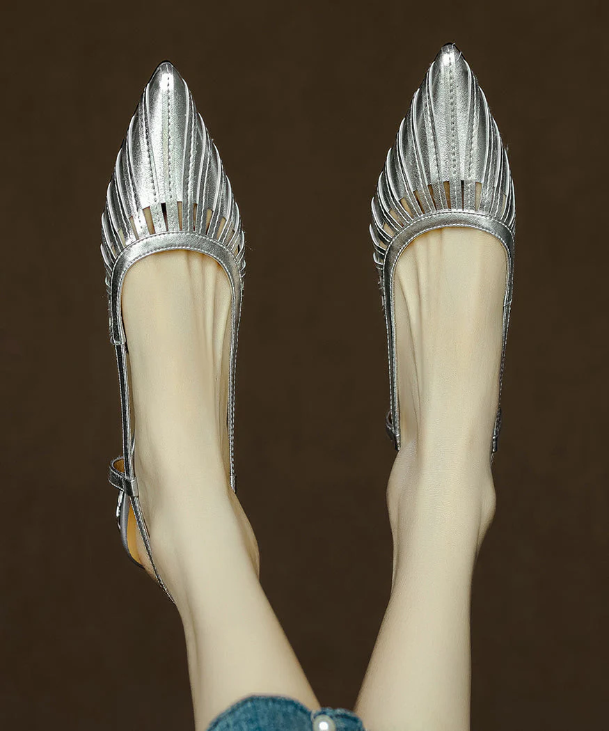 Cowhide Gold Sandals Pointed French Chunky Out Toe Hollow Leather - Image 4