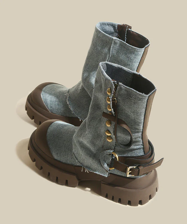 Cowhide Leather Denim Platform Boots Splicing Blue