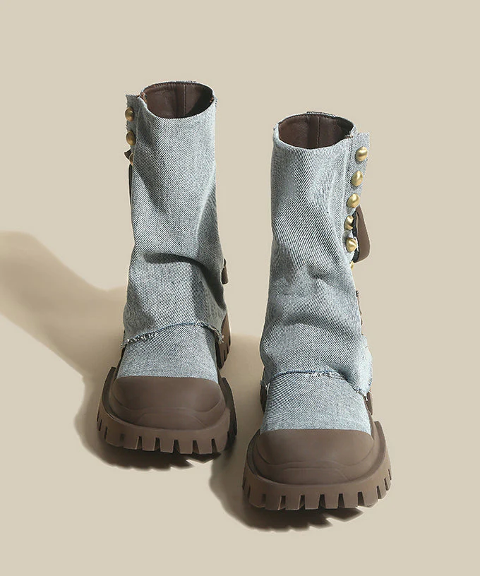 Cowhide Leather Denim Platform Boots Splicing Blue - Image 4