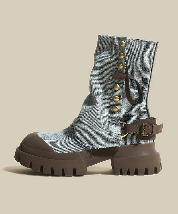 Cowhide Leather Denim Platform Boots Splicing Blue - Image 5