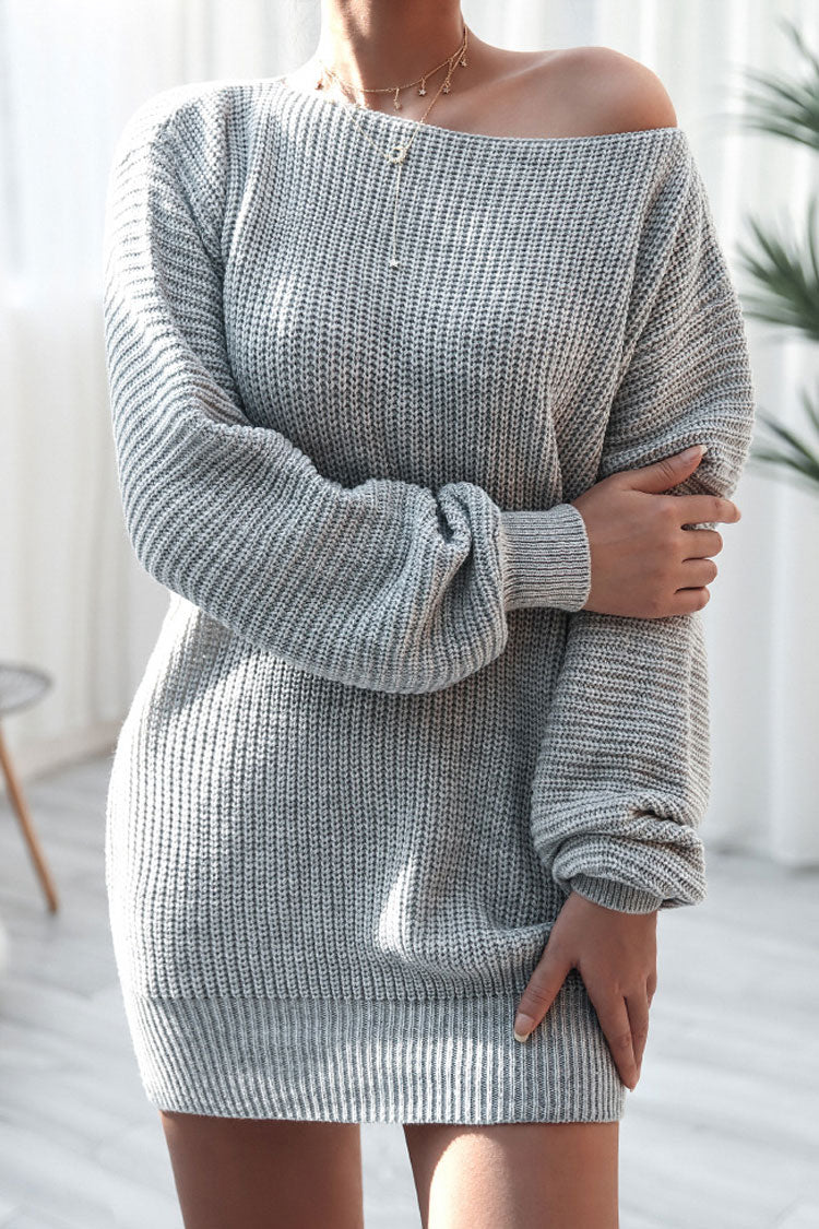 Cozy Winter Boat Neck Long Sleeve Textured Sweater Mini Dress - Gray - Image 2