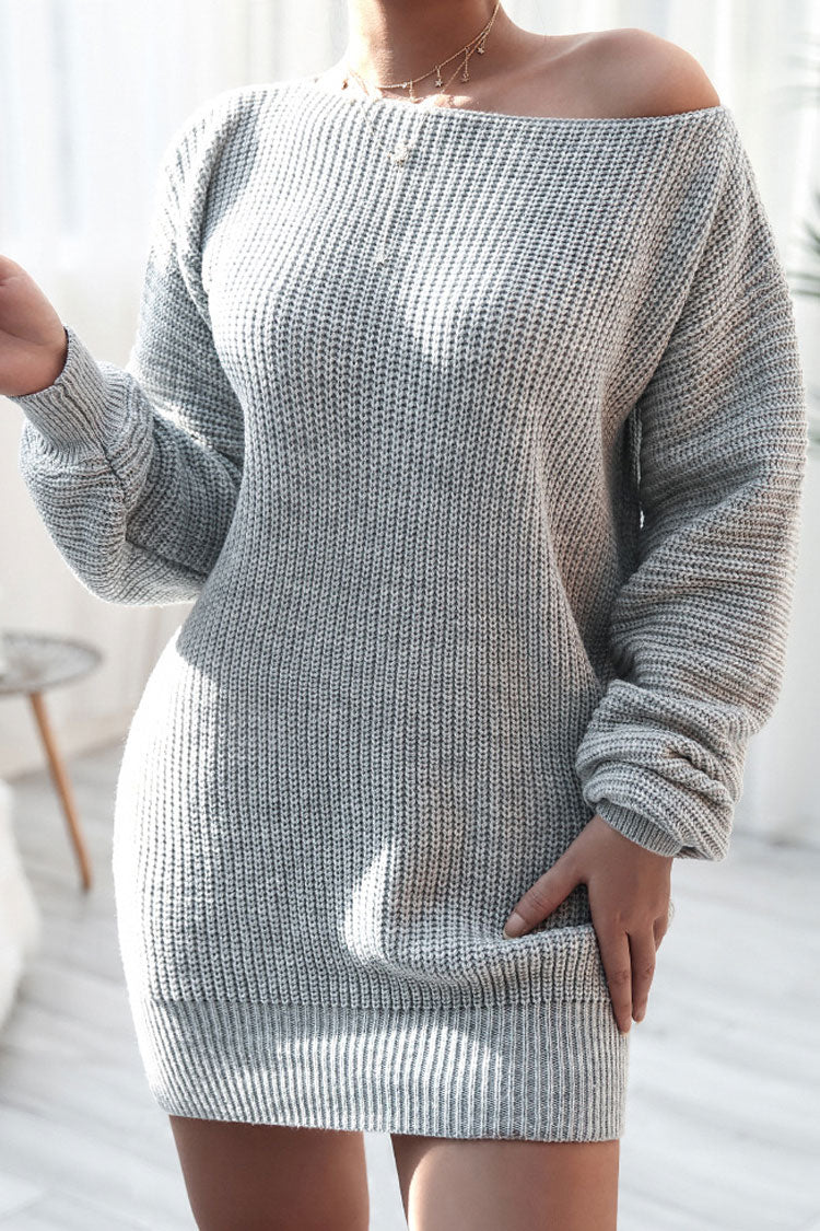 Cozy Winter Boat Neck Long Sleeve Textured Sweater Mini Dress - Gray - Image 3