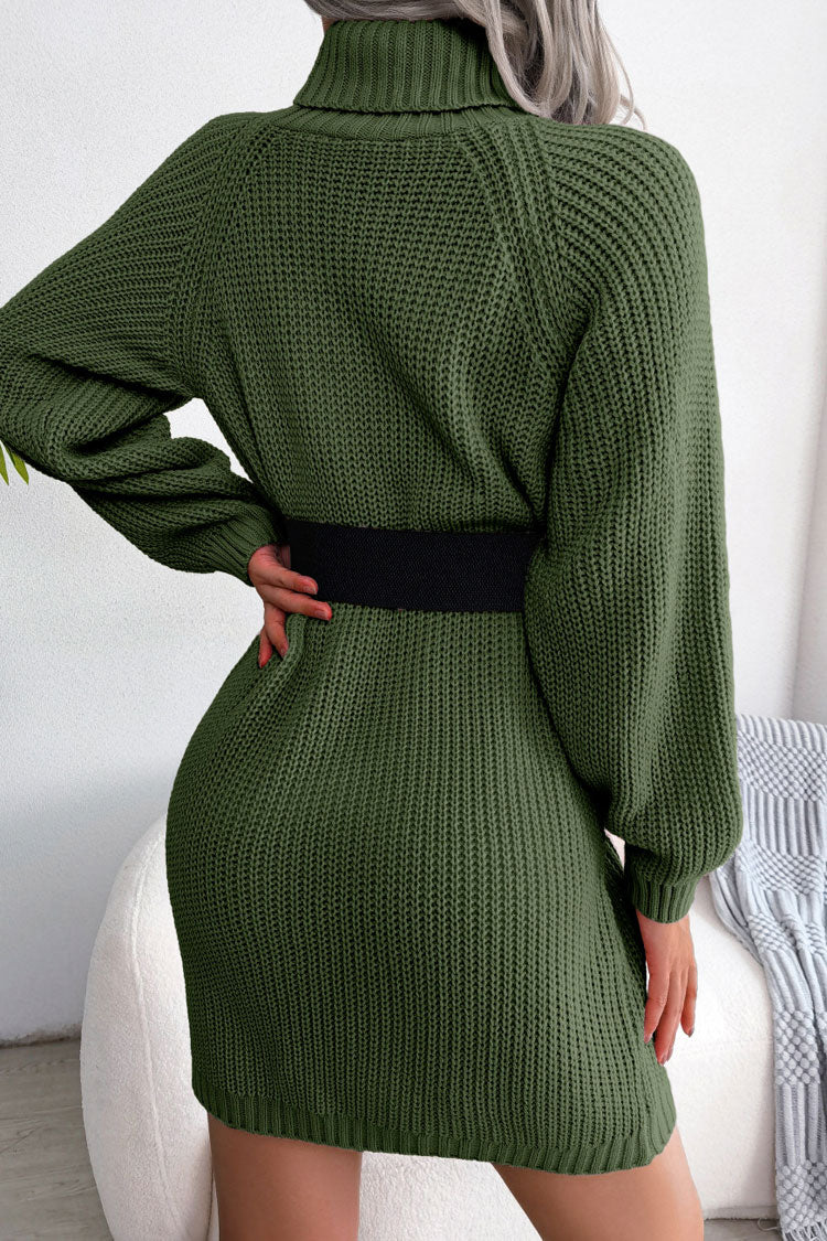 Cozy Winter Button Trim Ribbed Turtleneck Sweater Mini Dress - Army Green - Image 4