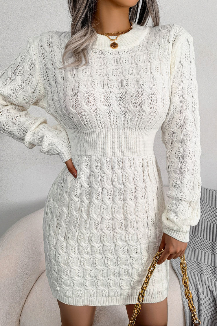 Cozy Winter Fisherman Cable Knit Bodycon Sweater Mini Dress - White - Image 3
