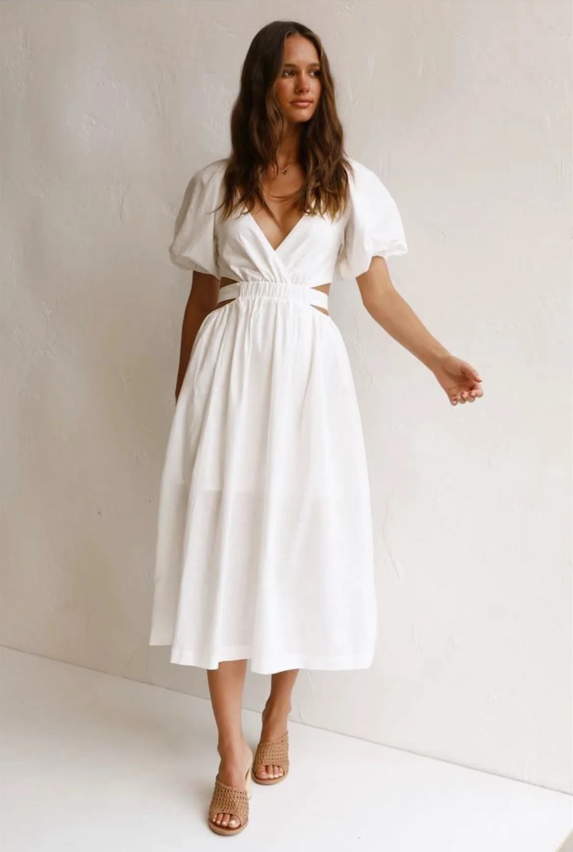 Cute Belted Puff Sleeve Cutout Beach Vacation Midi Dress - White - Image 3