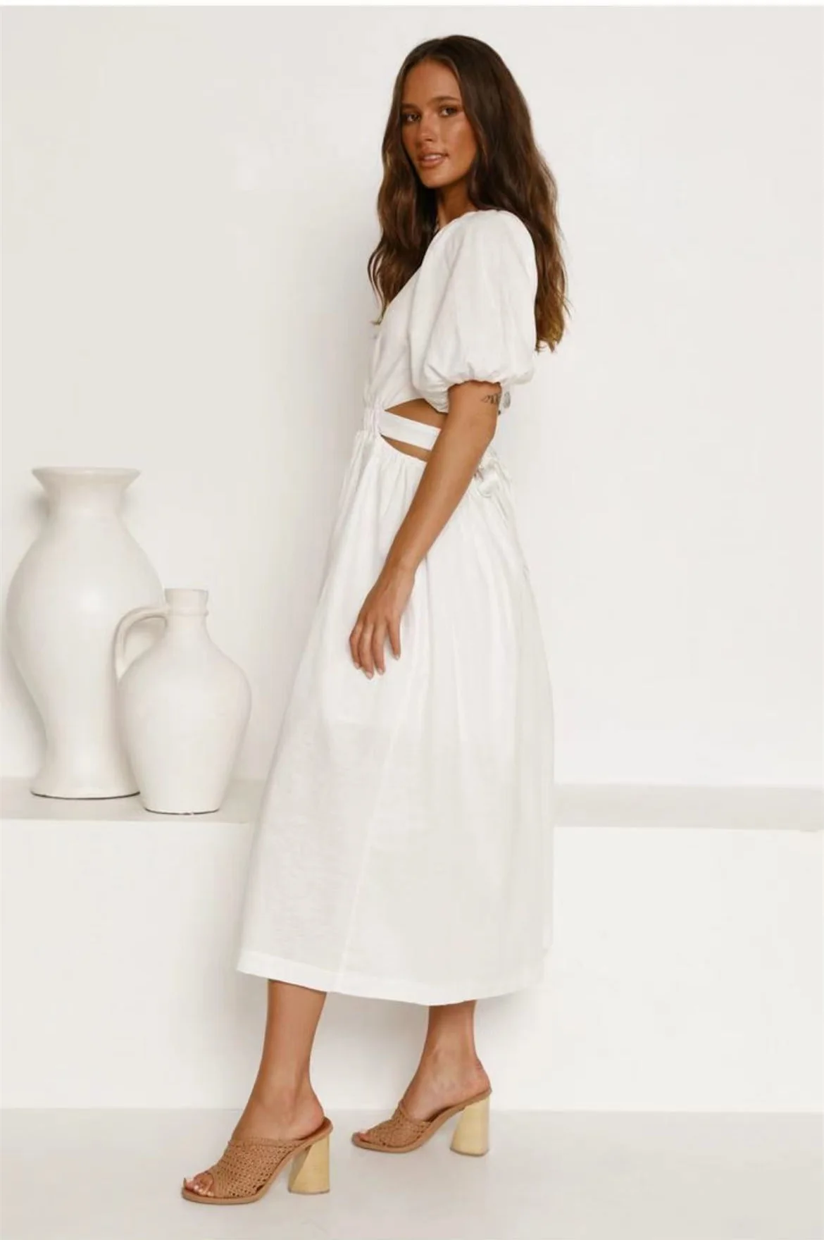 Cute Belted Puff Sleeve Cutout Beach Vacation Midi Dress - White - Image 4