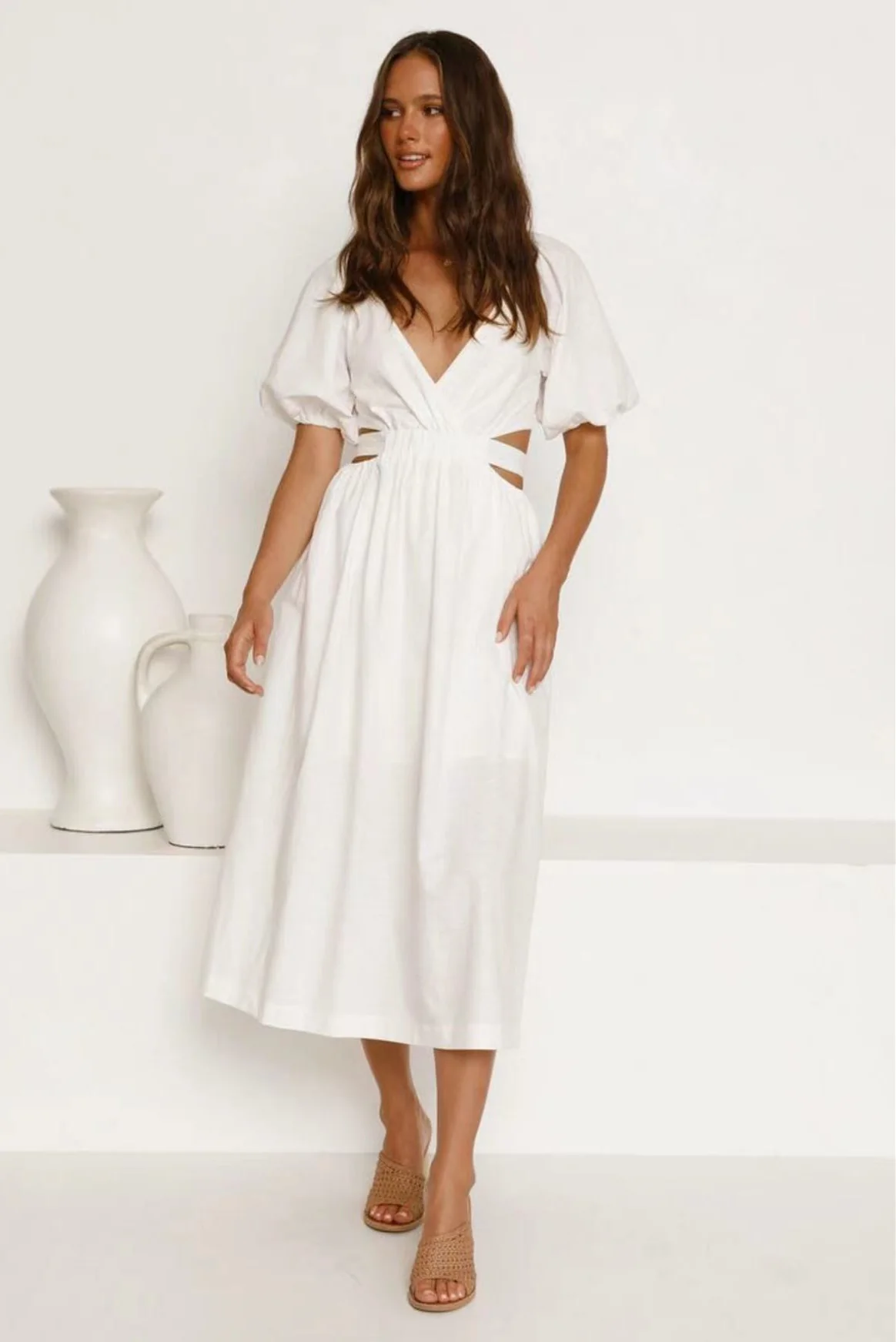 Cute Belted Puff Sleeve Cutout Beach Vacation Midi Dress - White - Image 5