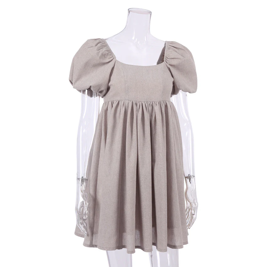 Cute Puff Sleeve Square Neck Linen Babydoll Mini Dress - Khaki - Image 3
