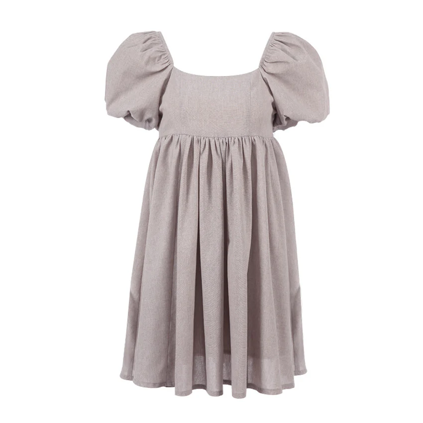 Cute Puff Sleeve Square Neck Linen Babydoll Mini Dress - Khaki - Image 4