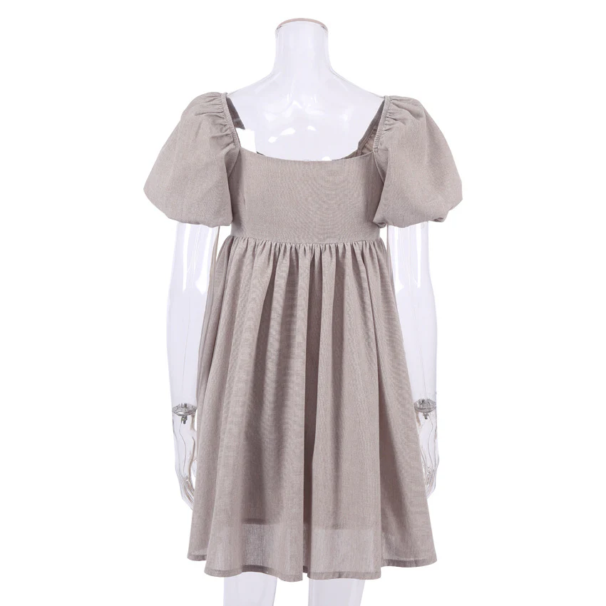 Cute Puff Sleeve Square Neck Linen Babydoll Mini Dress - Khaki - Image 5