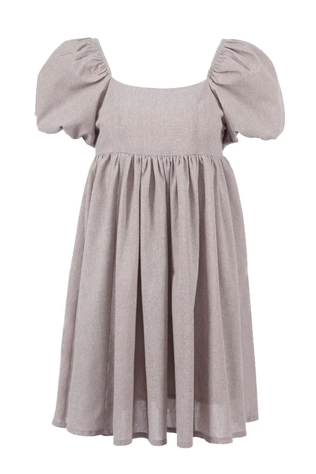 Cute Puff Sleeve Square Neck Linen Babydoll Mini Dress - Khaki - Image 6