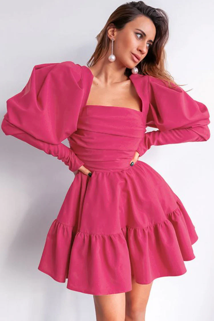 Cute Square Neck Puff Sleeve Tie Back Ruched Ruffle Mini Dress - Hot Pink - Image 2