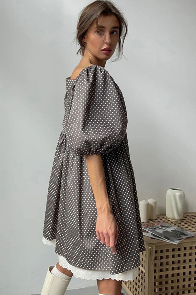 Cute V Neck Puff Sleeve Lace Trim Polka Dot Babydoll Mini Dress - Brown - Image 3