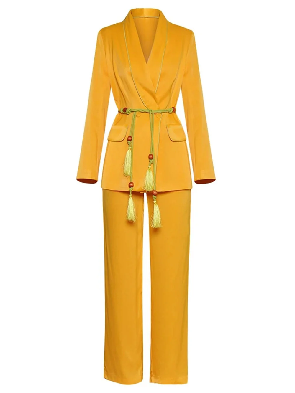 DALIDA Double-breasted Satin Blazer + Pants Matching Set in Gold - Image 4