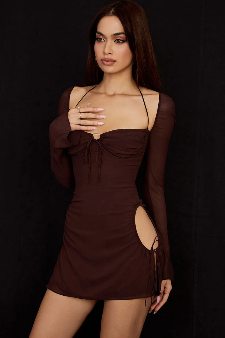 Darling Halter Neck Long Sleeve Cutout Club Mini Dress - Chocolate - Image 2
