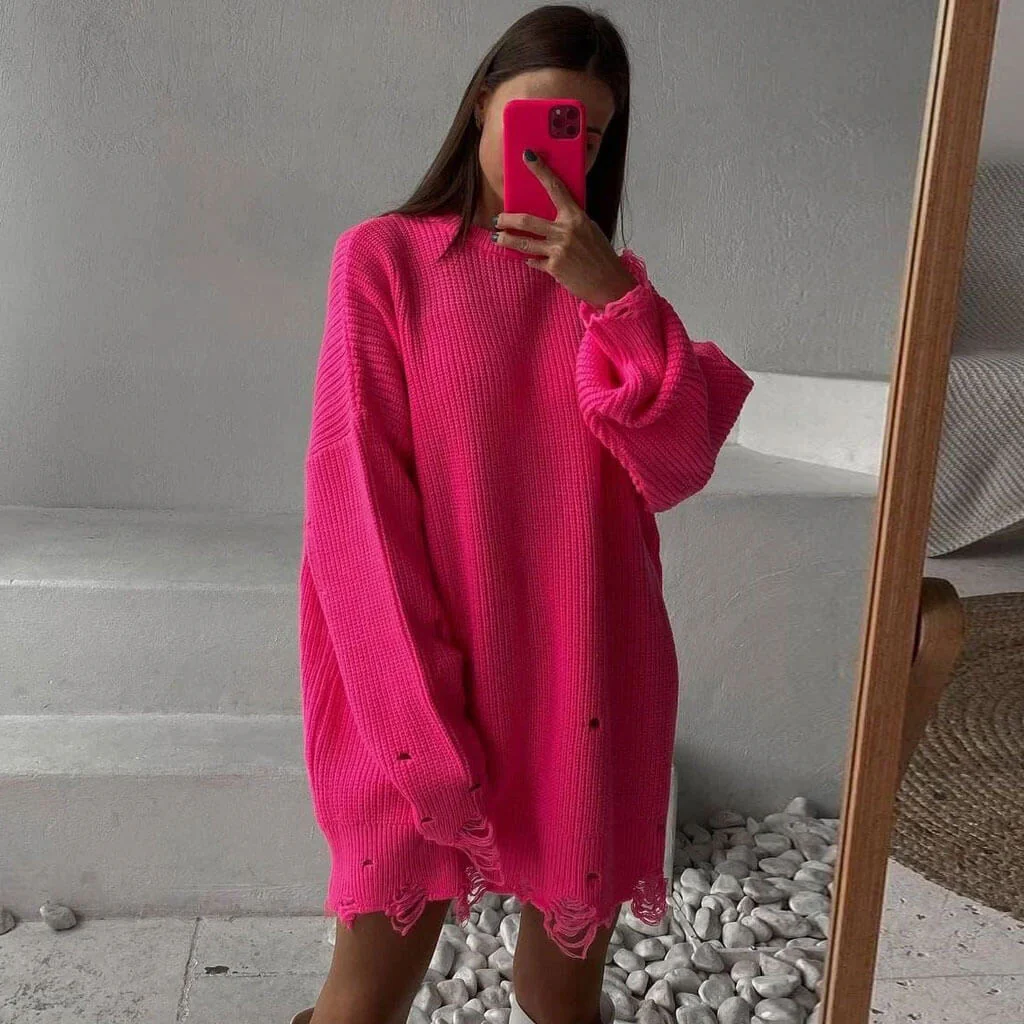 Distressed Trim Pullover Sweater Mini Dress - Rose - Image 3