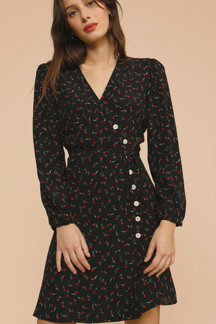 Ditsy Floral Deep V Puff Sleeve French Wrap Mini Dress - Black - Image 3