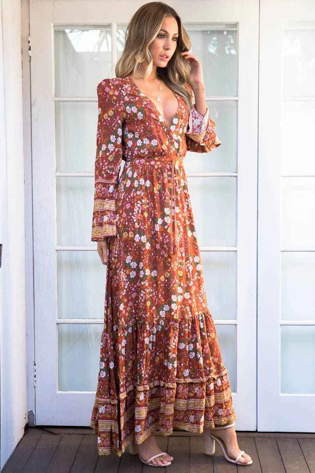 Ditsy Floral Long Sleeve V Neck Boho Chic Maxi Dress - Burnt Orange - Image 2