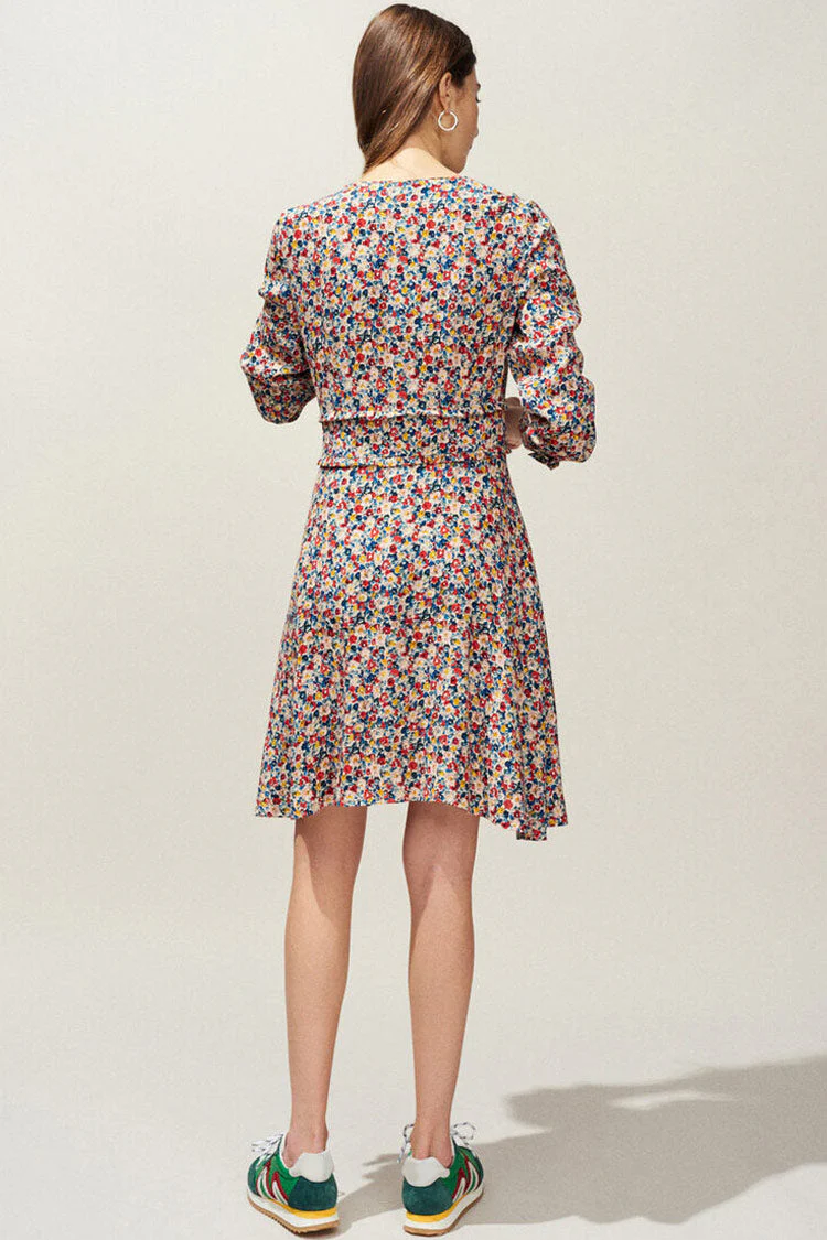 Ditsy Floral Ruffle V Neck French Summer Mini Dress - Multicolor - Image 2