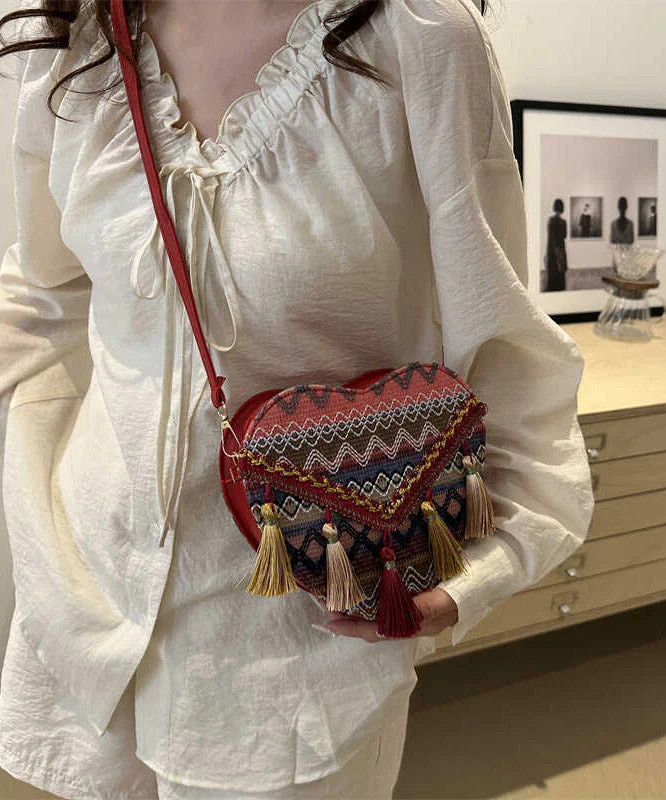 DIY Red Tassel Heart Patchwork Messenger Bag - Image 4