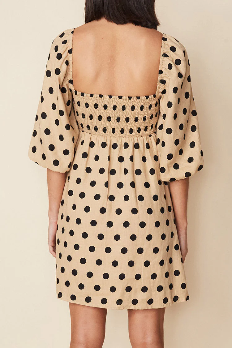 Dotted Puff Sleeve Square Neck Summer Mini Dress - Coffee - Image 2