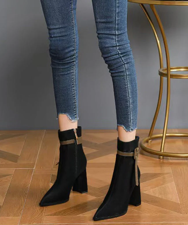 Elegant Black Faux Leather Splicing Boots Pointed Toe - Image 4