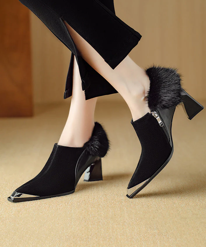 Elegant Brown High Heels Chunky Suede Splicing Fuzzy Fur - Image 4