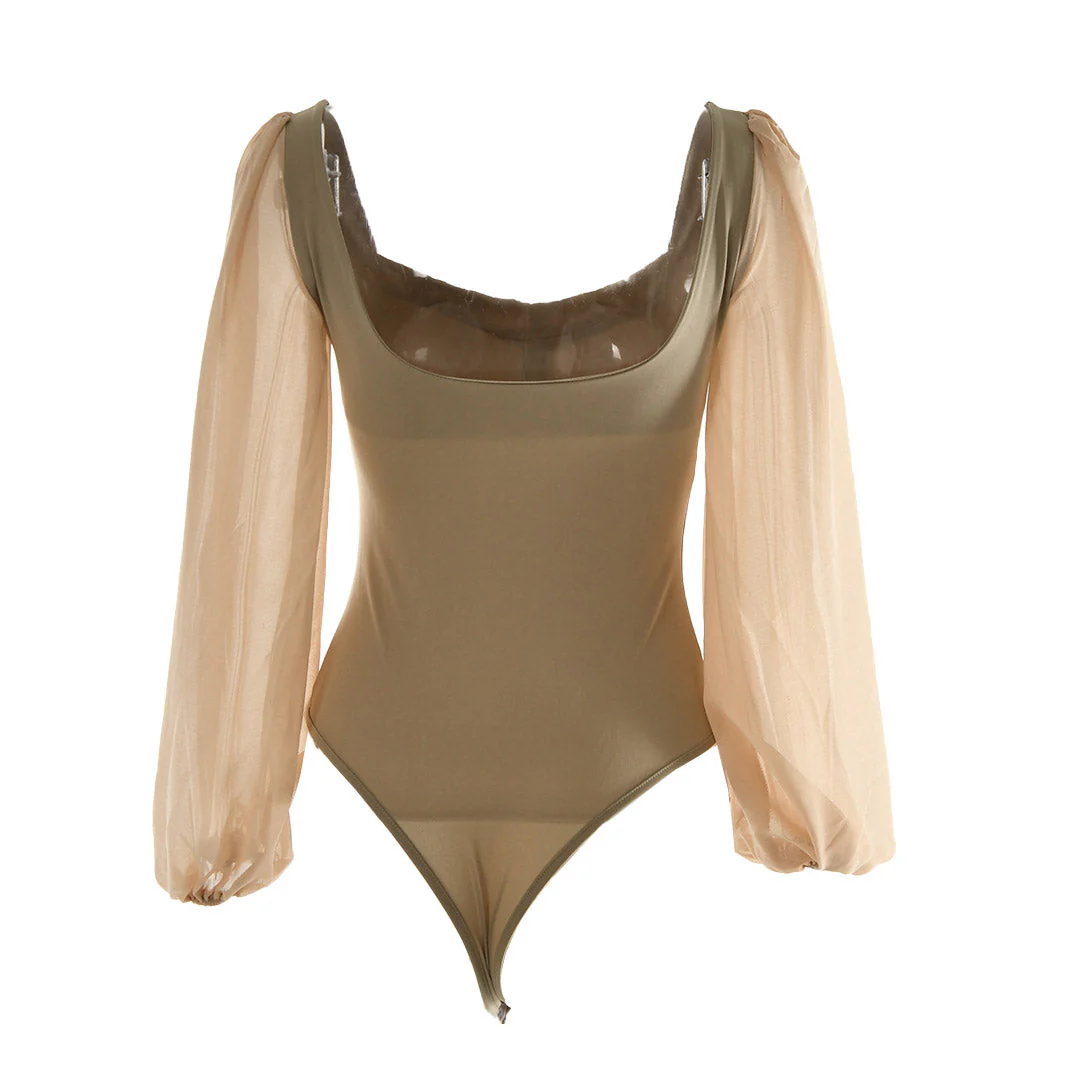 Elegant High Cut Mesh Puff Sleeves Sweetheart Bodysuit - Khaki - Image 3
