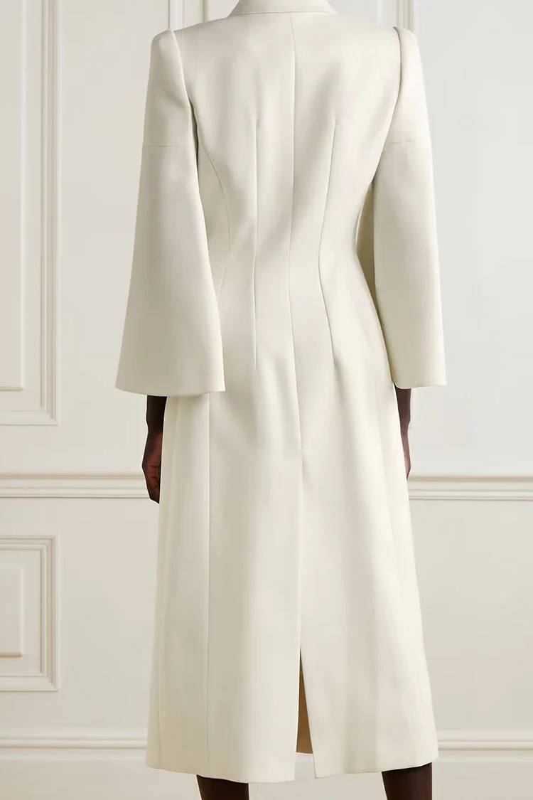 Elegant Lapel Collar Bell Sleeve Double Breasted Tailored Blazer Midi Dress - White - Image 2
