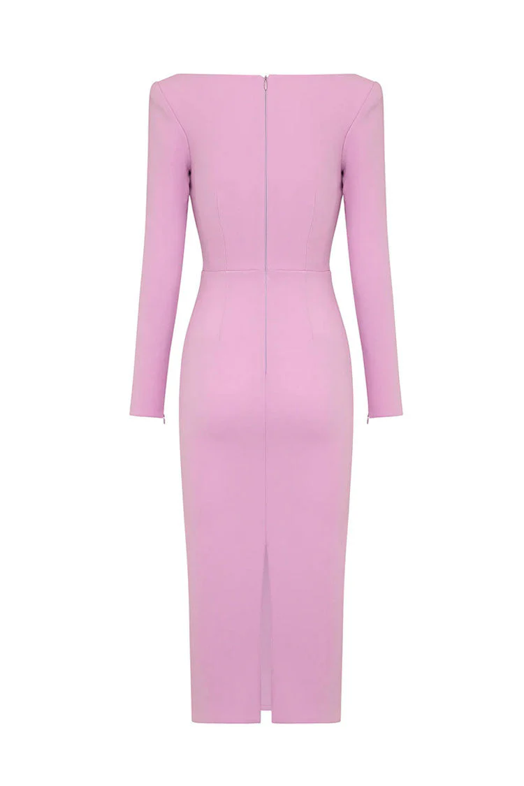 Elegant Long Sleeve Cutout Bandage Cocktail Midi Dress - Pink - Image 3