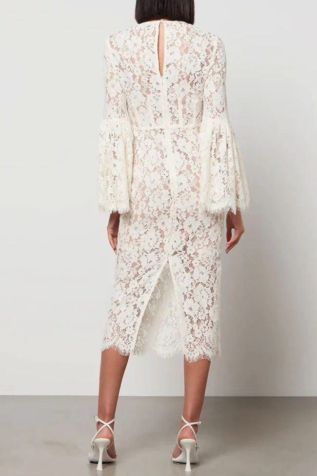 Elegant Round Neck Eyelash Bell Sleeve Sheath Lace Midi Dress - White - Image 2