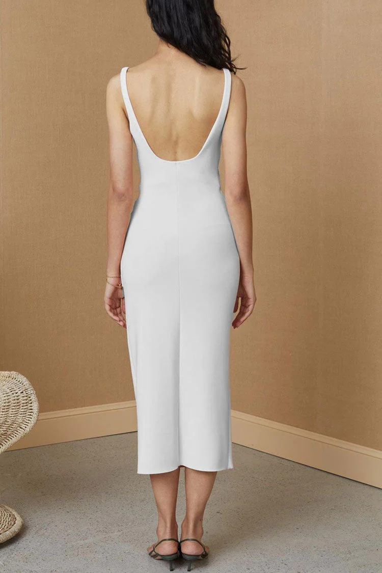 Elegant Square Neck Ruched Trim Sleeveless Bodycon Midi Dress - White - Image 3