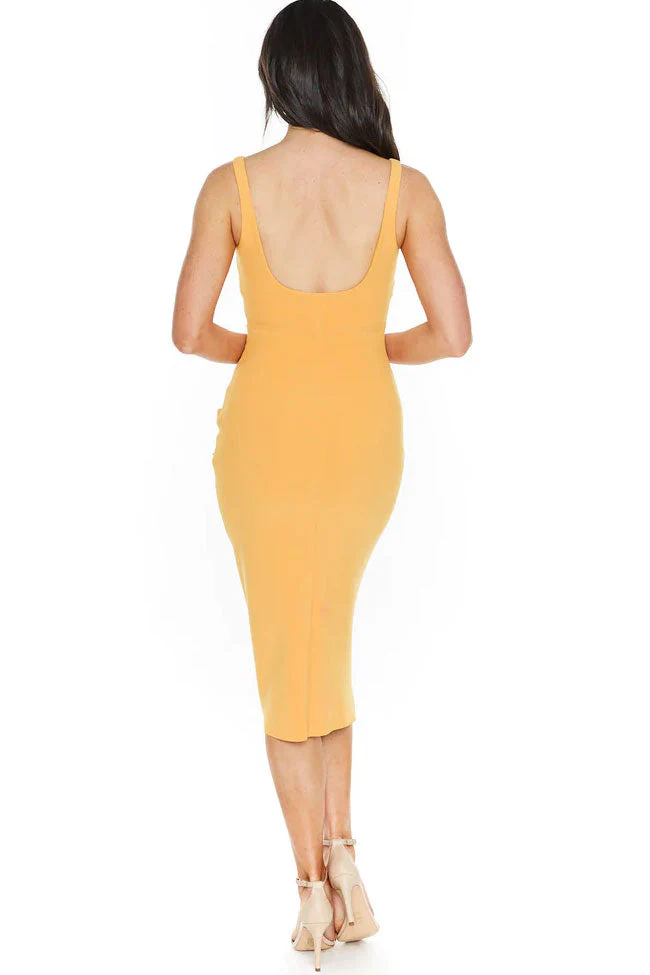 Elegant Square Neck Ruched Trim Sleeveless Bodycon Midi Dress - Yellow - Image 3