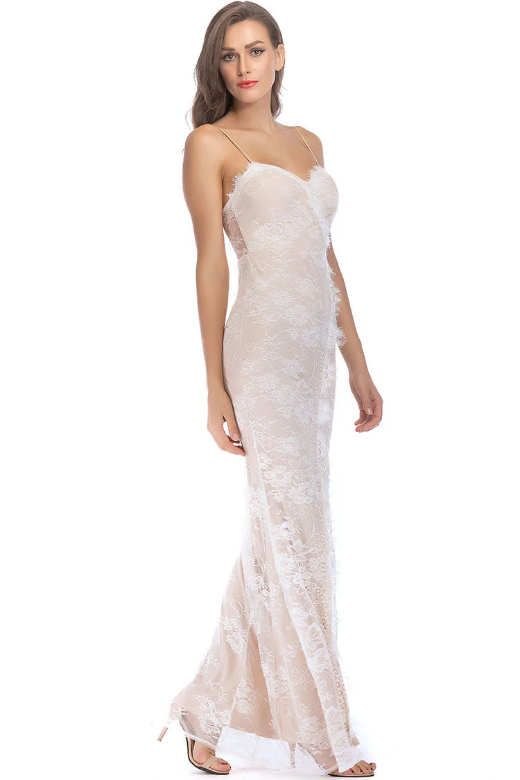 Elegant Sweetheart Spaghetti Strap High Split Lace Evening Maxi Dress - Beige - Image 2