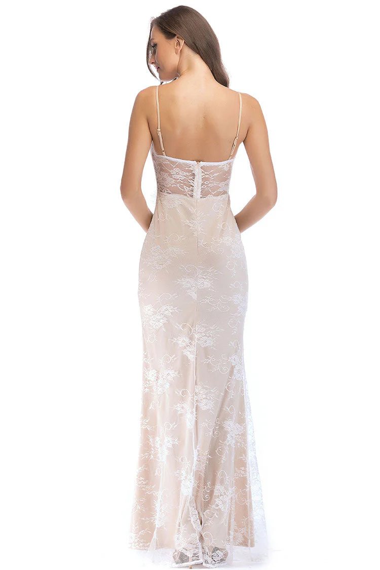 Elegant Sweetheart Spaghetti Strap High Split Lace Evening Maxi Dress - Beige - Image 3