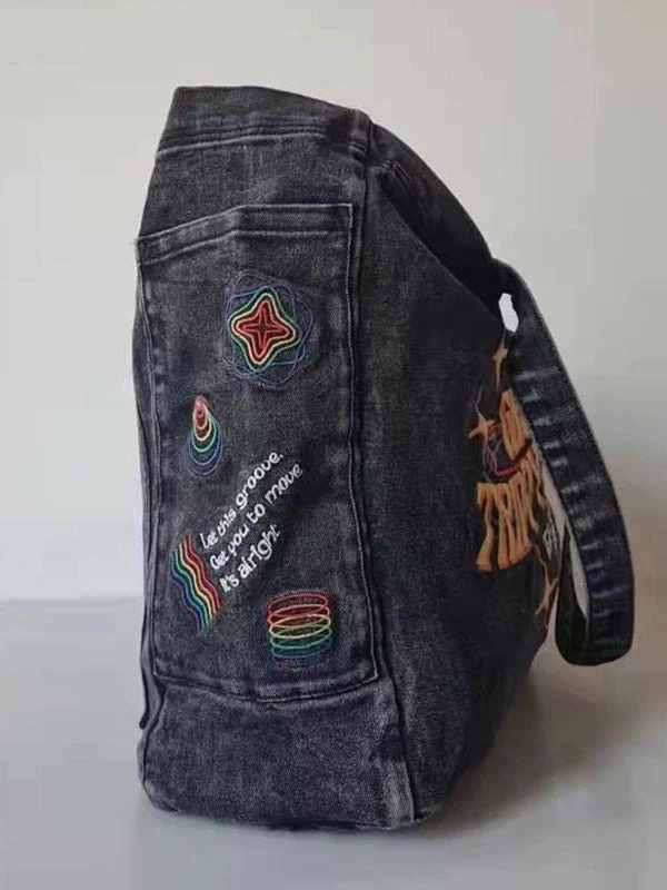 Embroidery Casual Denim Tote Bag - Image 5
