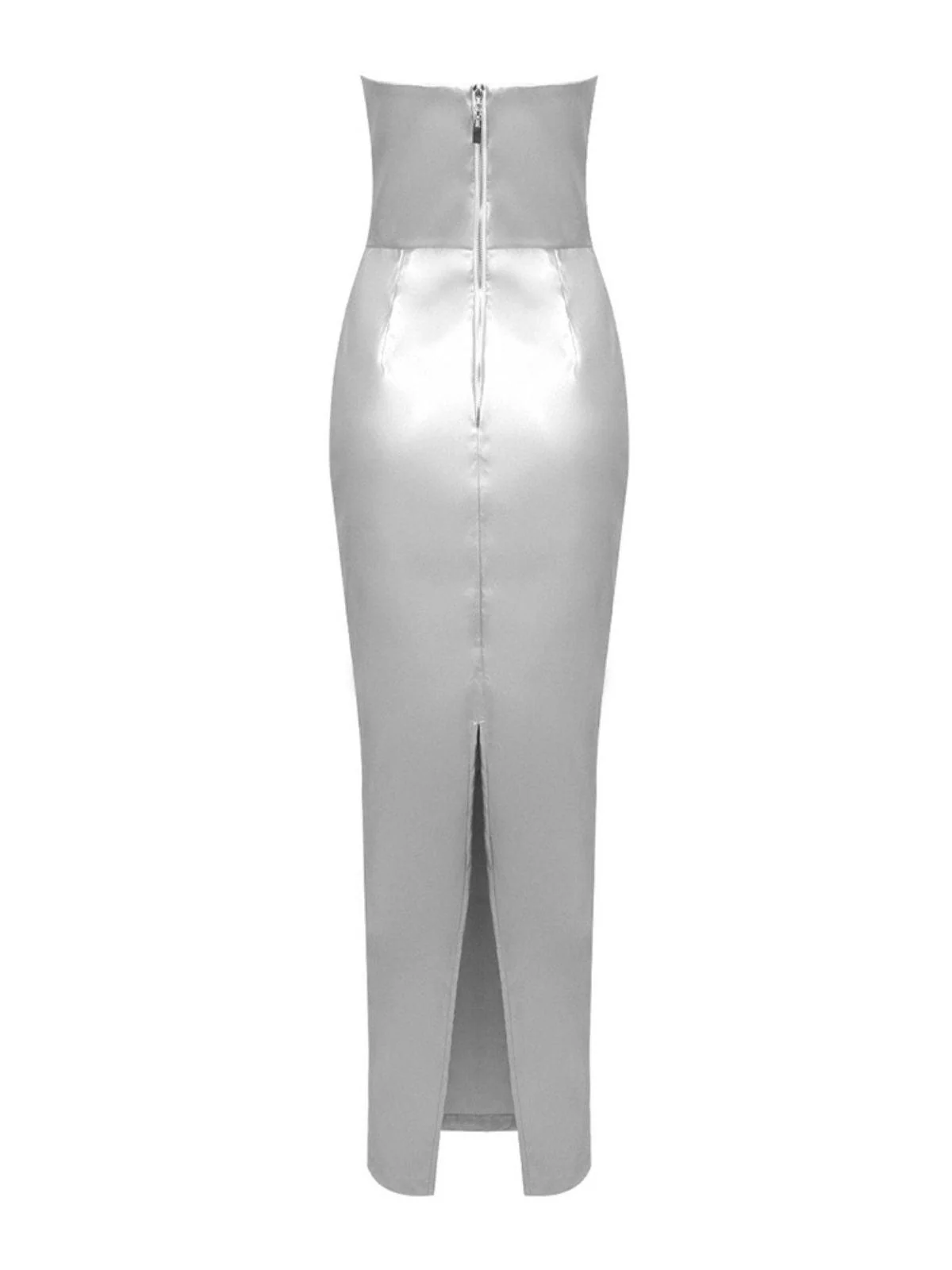Emer Strapless Leather Maxi Dress In Silver - Image 8