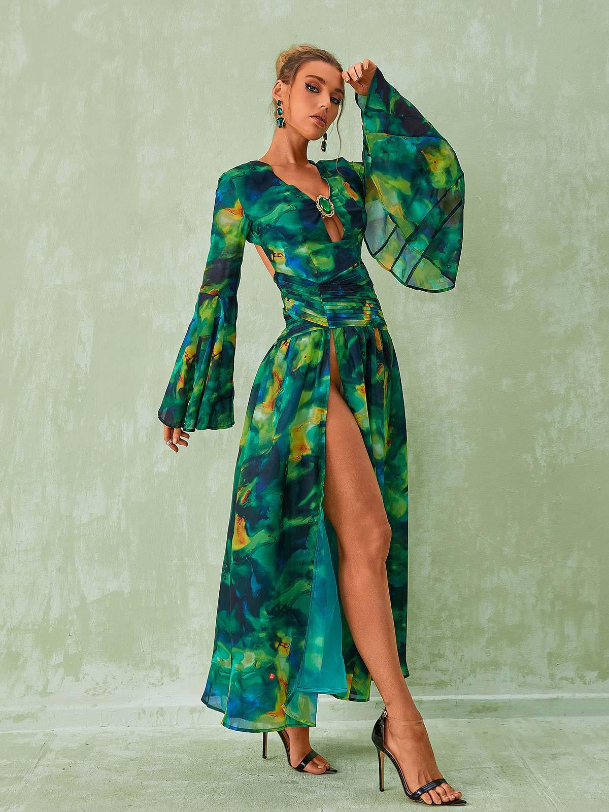 Emilie Long Sleeve Split Printed Dress In Green - Image 3