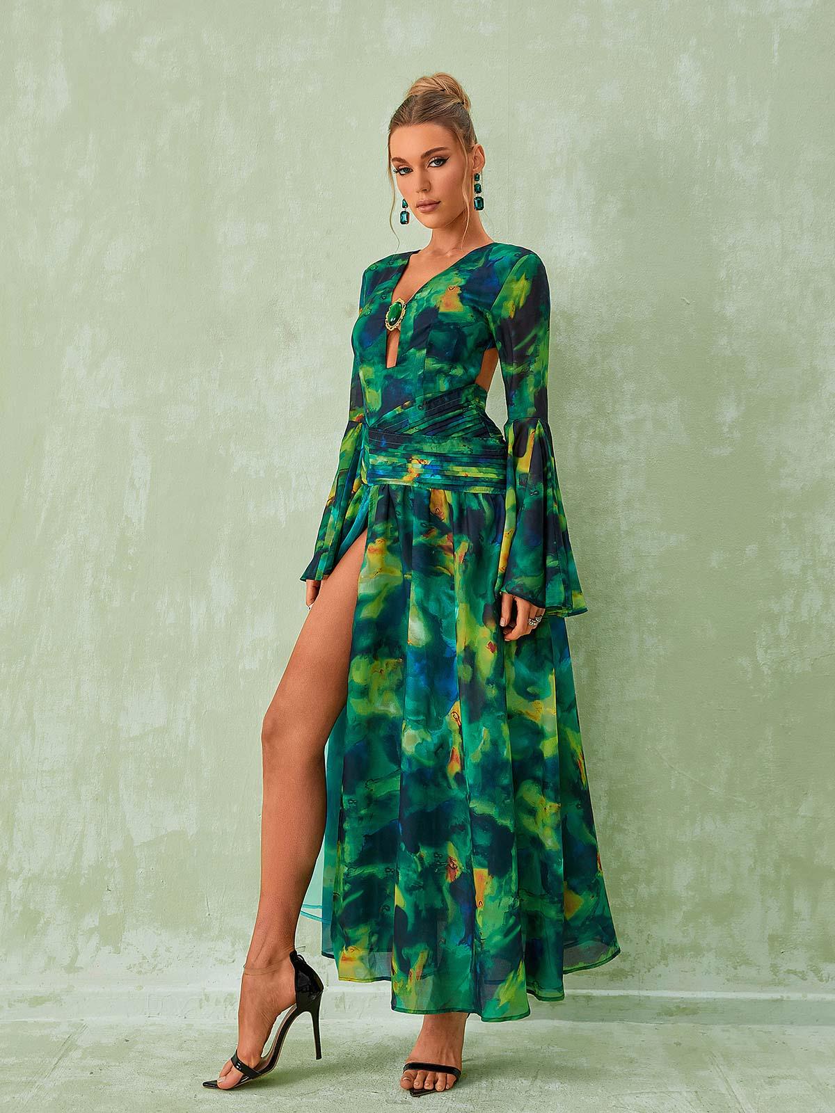 Emilie Long Sleeve Split Printed Dress In Green - Image 4