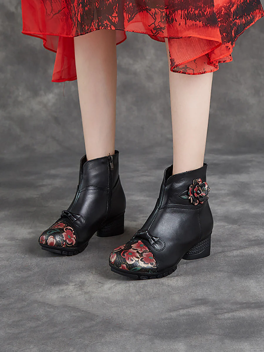Ethnic Autumn Flower Spliced Leather Mid-Heel Boots - Image 2
