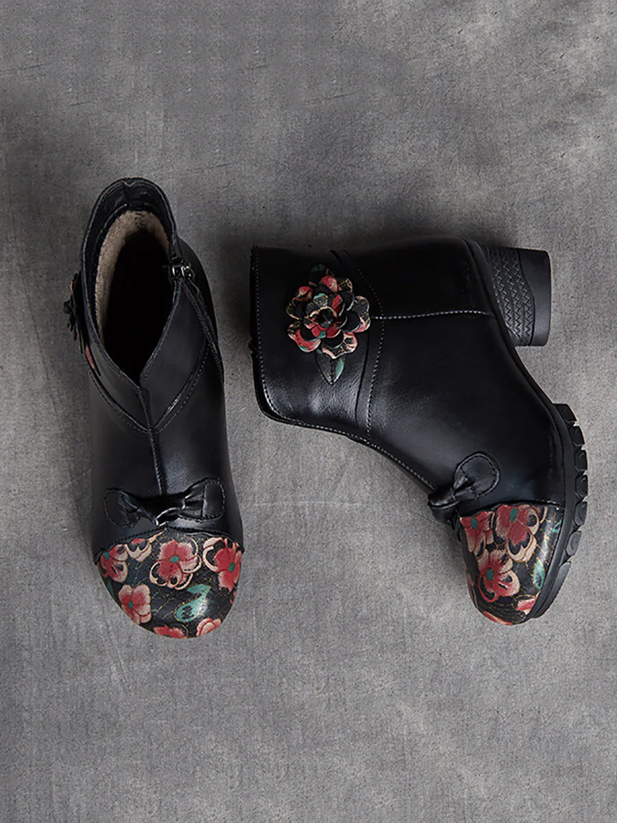 Ethnic Autumn Flower Spliced Leather Mid-Heel Boots - Image 7