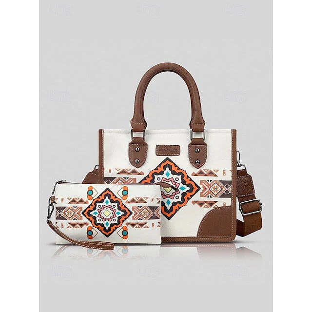 Ethnic Set Faux Handbag and with Leather Canvas - Image 9