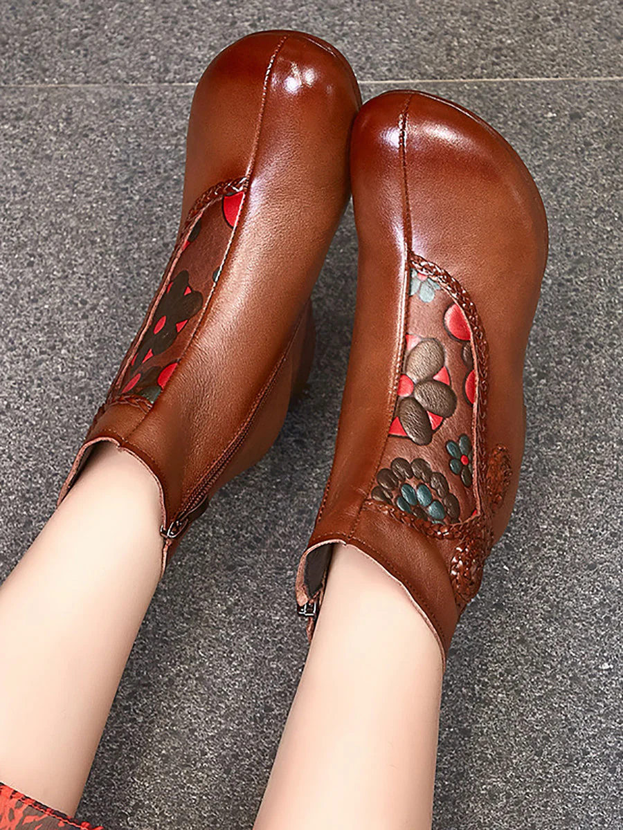 Ethnic Winter Flower Spliced Leather Mid-Heel Boots - Image 5