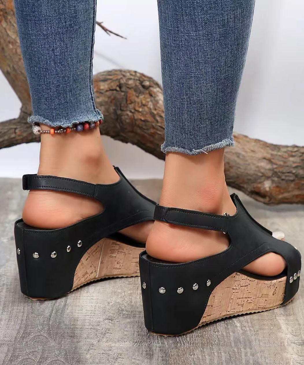 European American Style Black Splicing Wedge Sandals Hollow Out Peep Toe - Image 4