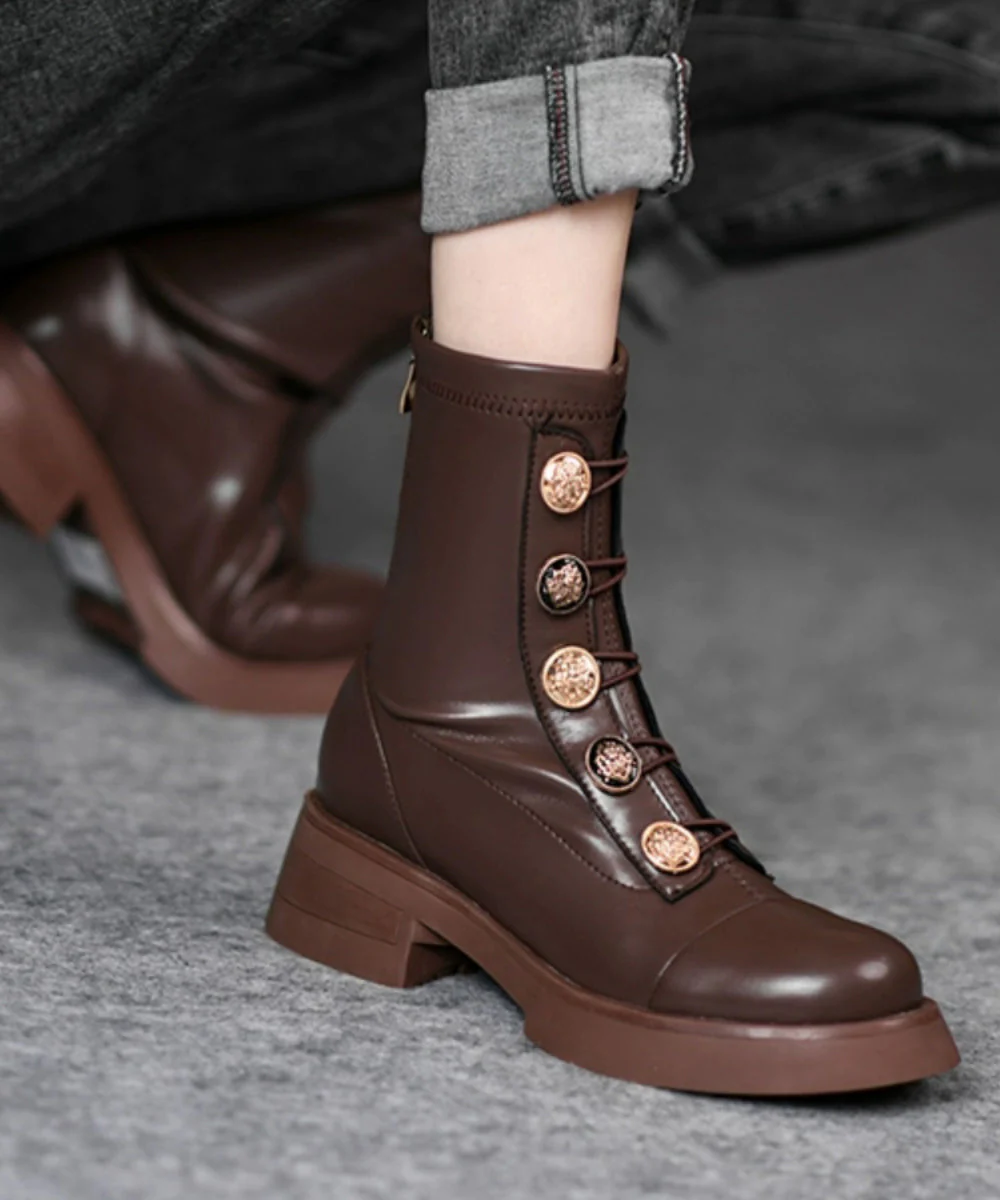 European And American Style Brown Splicing Chunky Boots - Image 3