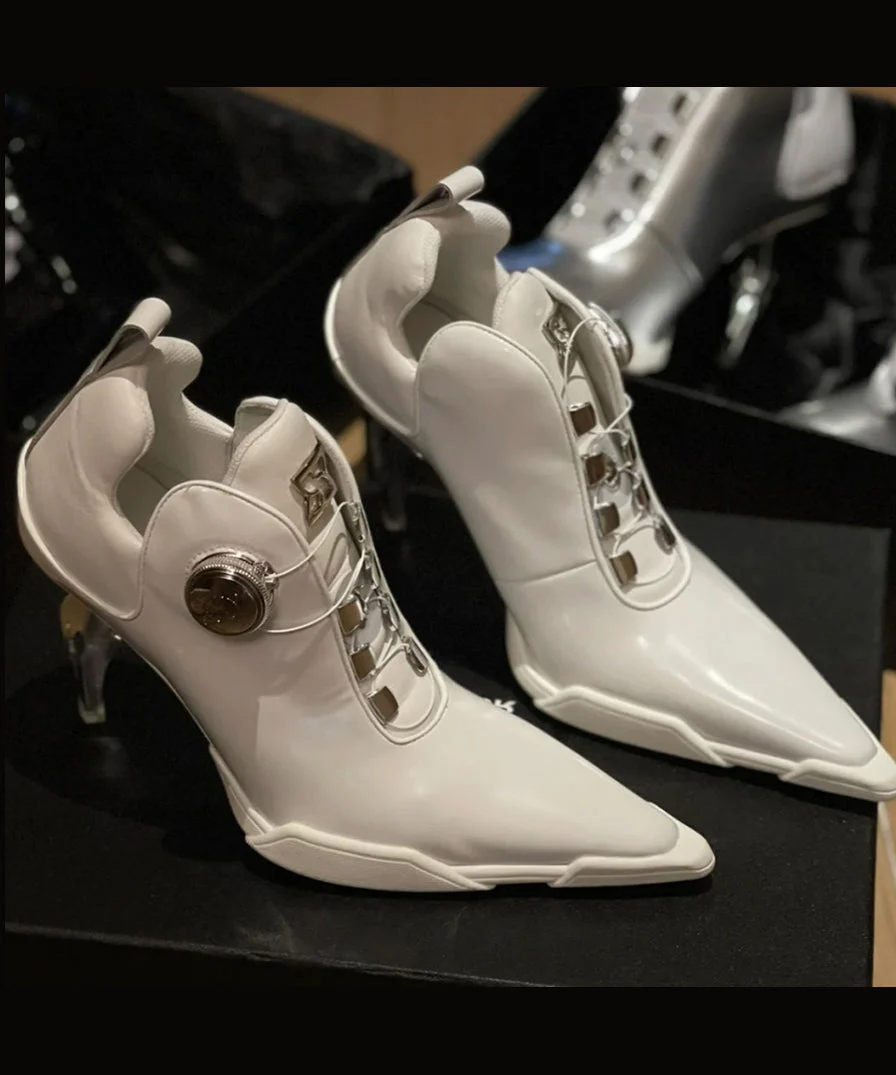 European And American Style Silver Splicing High Heel Boots Pointed Toe - Image 4